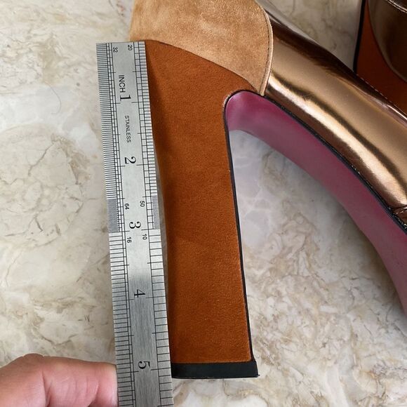 Paris Hilton Rebecca Camel Suede/Copper/Tan Leather Platform Pumps - Picture 12 of 13